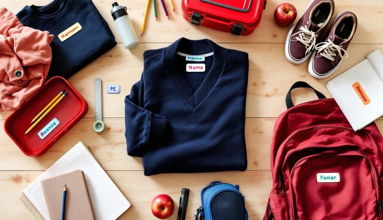 Flat-lay of school items including jumper, lunchbox, water bottle and PE bag, each with a personalised Labelfolk name label sticker