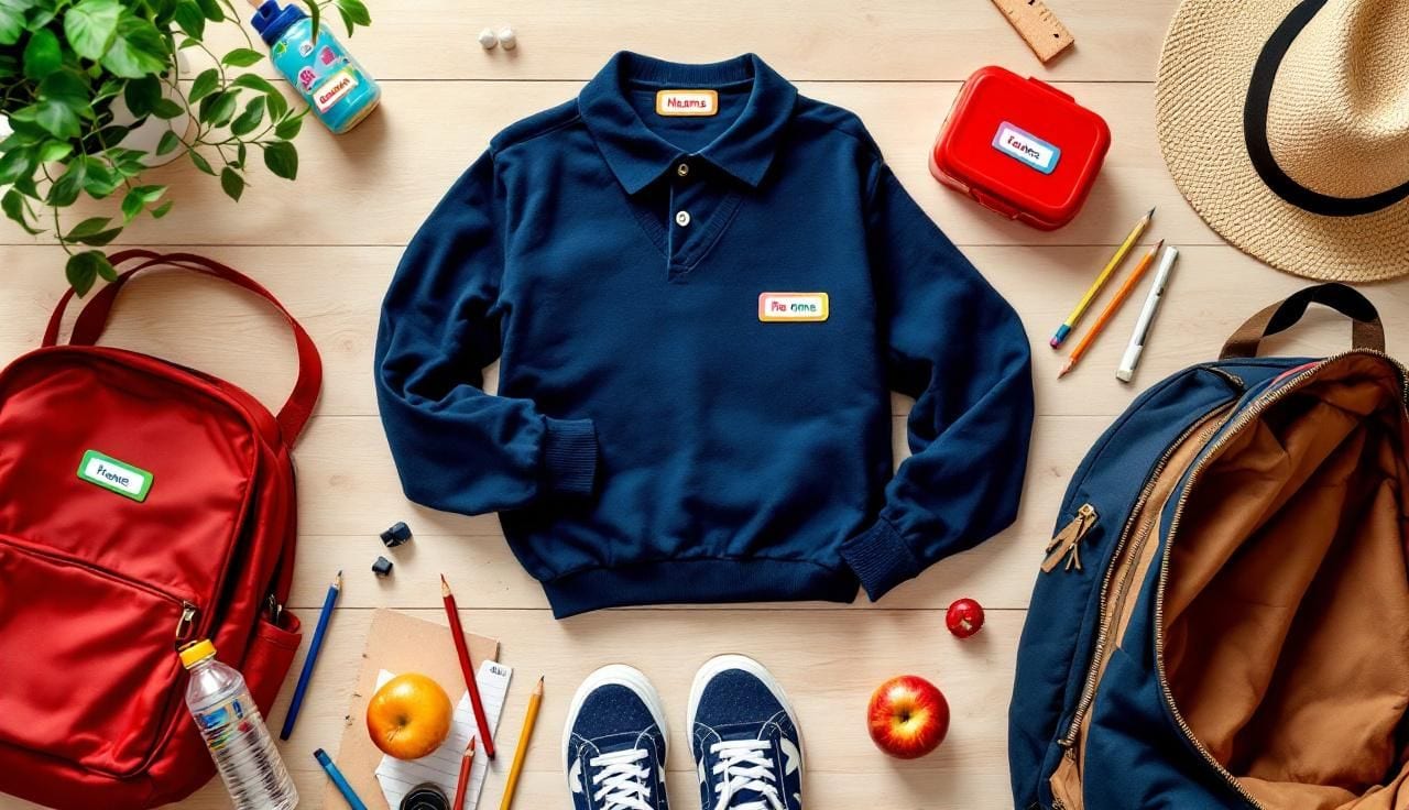 School items laid out on a wooden table: navy jumper, red lunchbox, water bottle, backpack, trainers, each with a colourful Labelfolk name label sticker